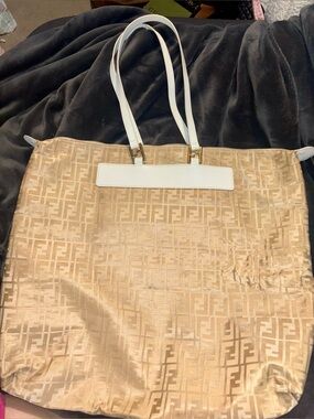 RARE & CLEAN Fendi Zucca Canvas & White Leather Travel Zip Tote - HUGE!